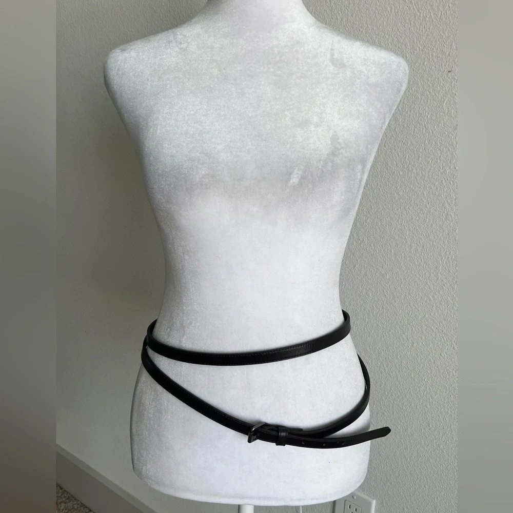Dark Brown Leather long skinny Belt with Buckle